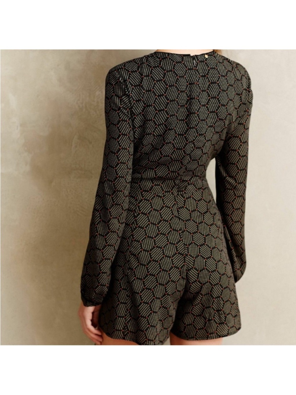 Anthropologie Harlyn Honeycomb Print Long-Sleeve Romper in Black & Cream - Picture 5 of 16